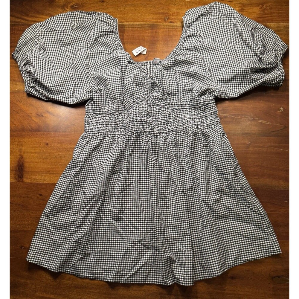 Old Navy Gingham Dress XL Black White Puff Sleeve Smocked Mini Babydoll - NWT